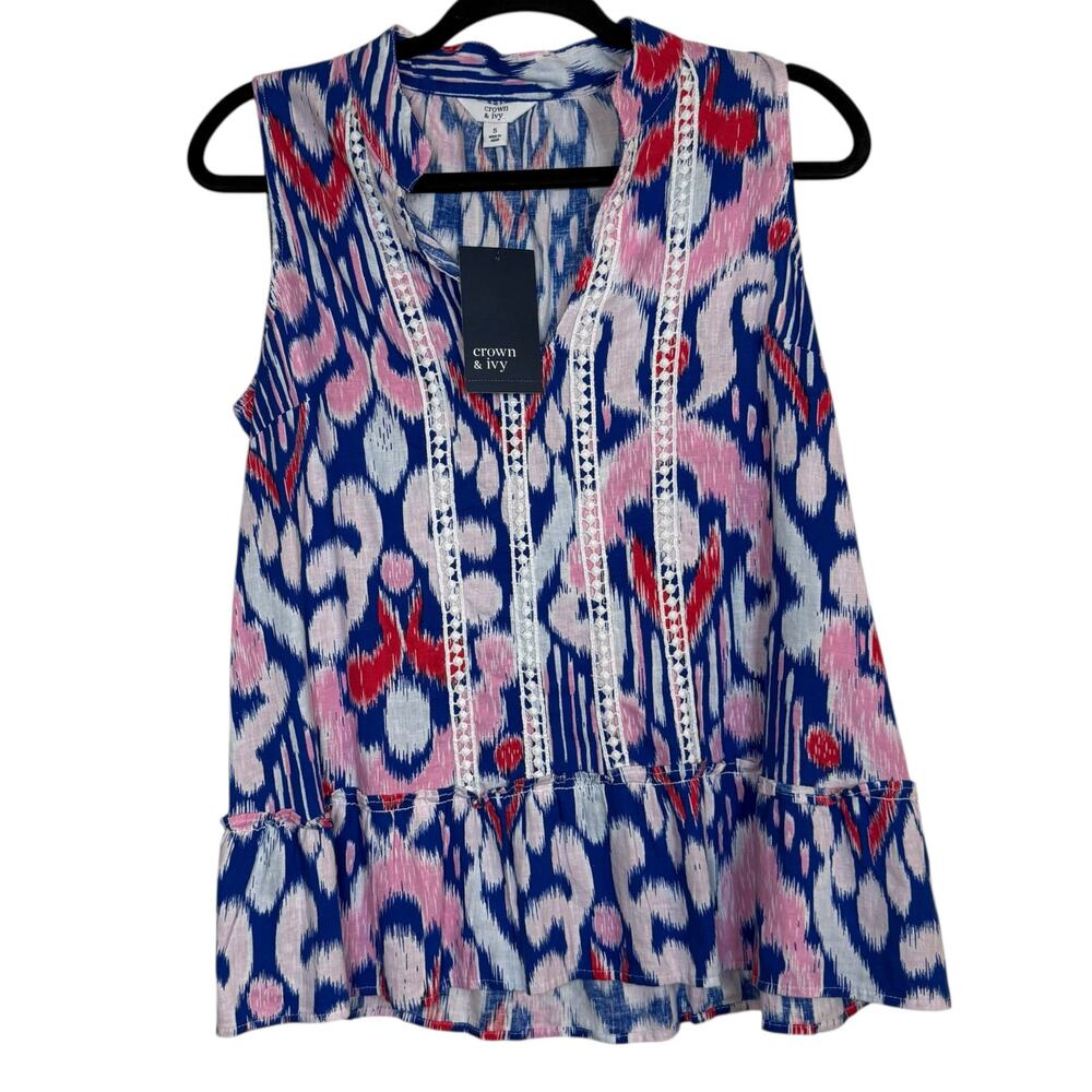 NWT Crown & Ivy Blue and Pink Ikat Sleeveless embroidered bloue Small
